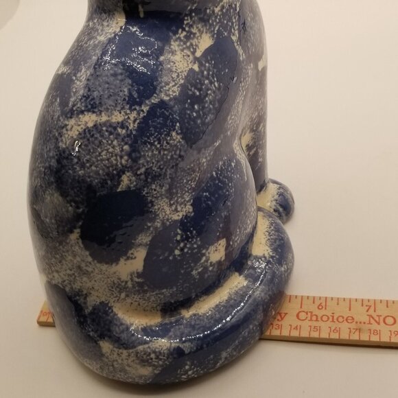 Vintage 80s Patchwork Ceramic Cat Figurine Blue Glossy Collectible 9" Hand Paint - Picture 12 of 12